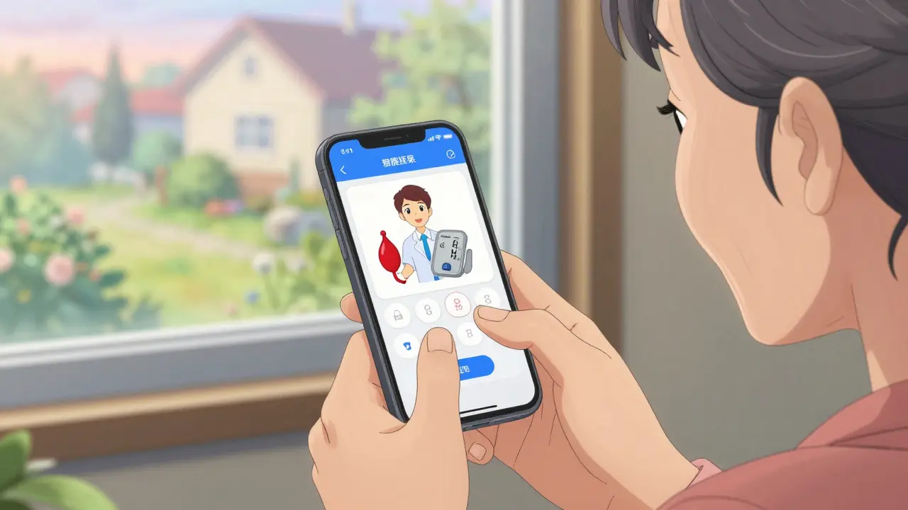 An elderly woman using a simple health app with animated blood pressure explanation.