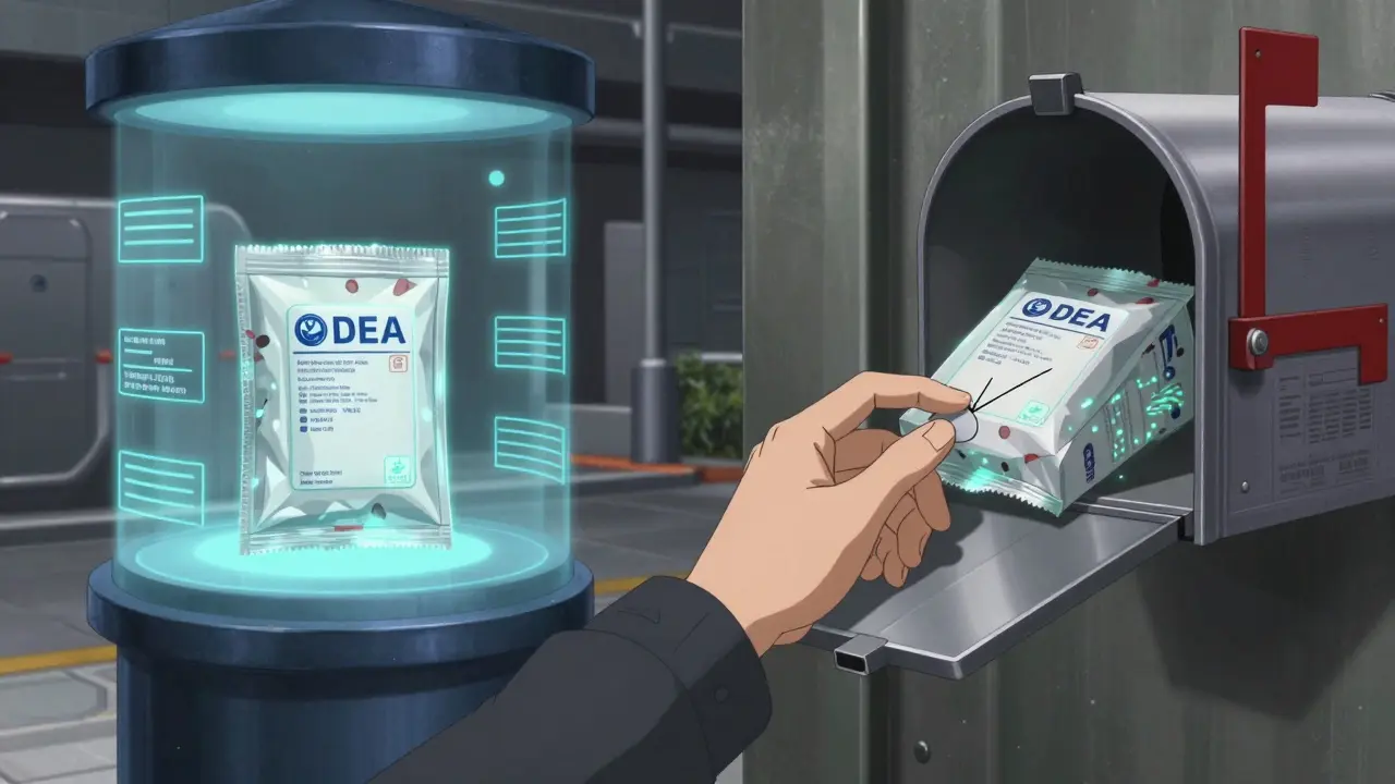 An IoT-enabled medication package being scanned and delivered with tamper-evident seals and digital compliance indicators.