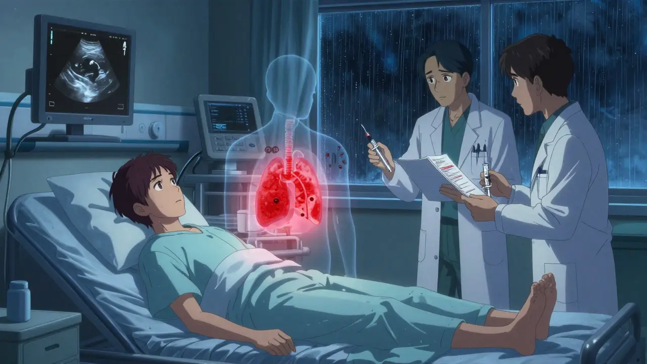 Cancer patient in hospital with ultrasound showing a blood clot and pulmonary embolism silhouette.