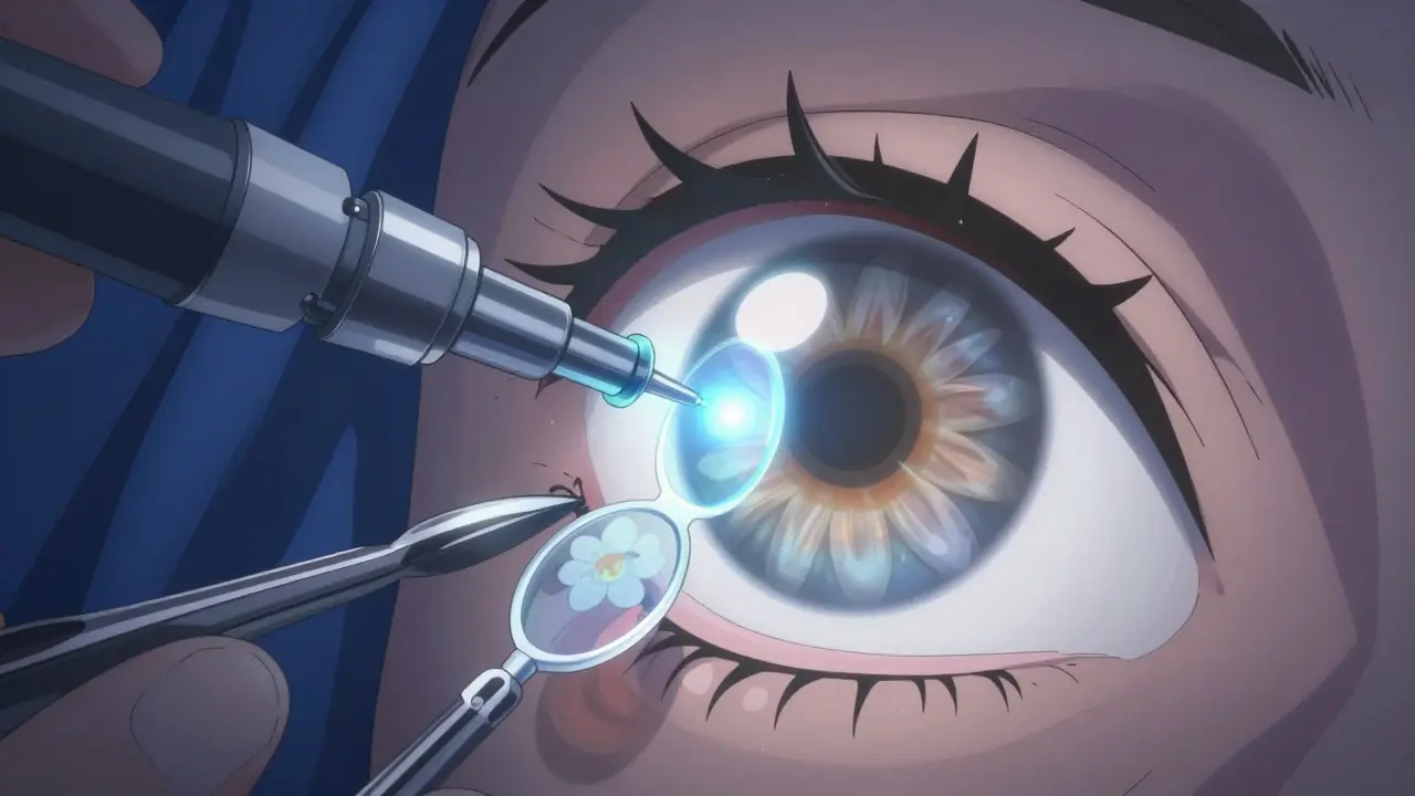 Close-up of eye surgery with ultrasonic probe breaking up a cloudy lens, IOL unfolding.