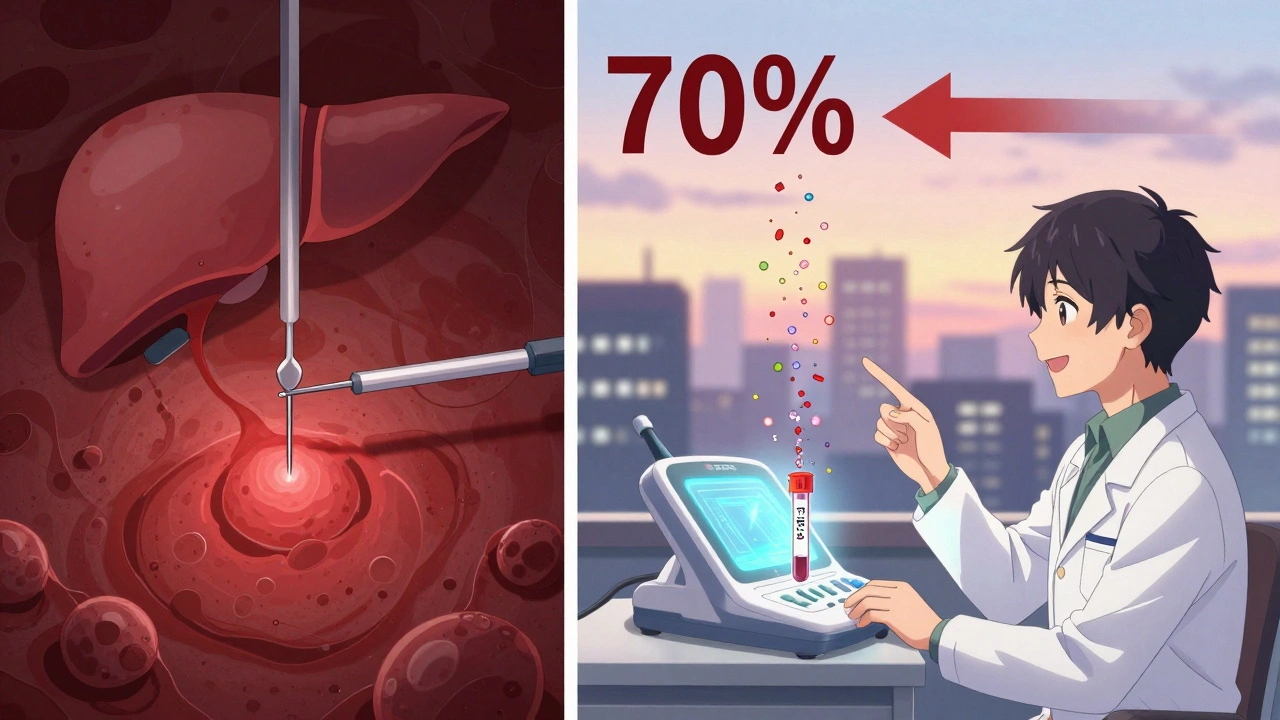 Contrast between invasive biopsy and noninvasive liver tests with a 70% reduction indicator.