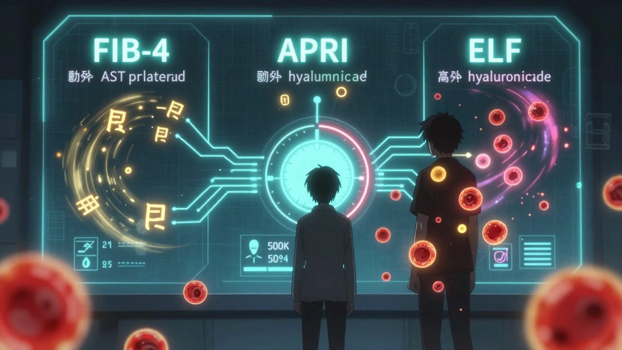 Digital serum scores FIB-4, APRI, and ELF animated as glowing neon formulas with blood cell symbols.