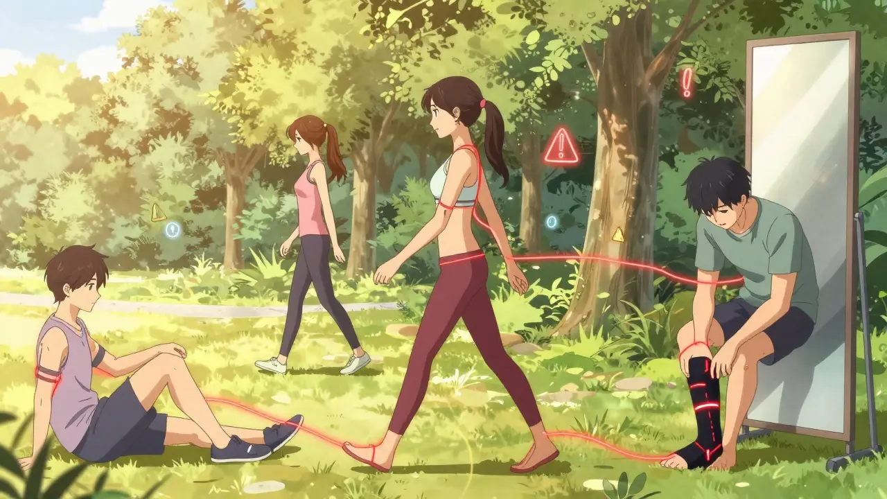 Diverse people taking preventive actions against blood clots with glowing red flow lines.