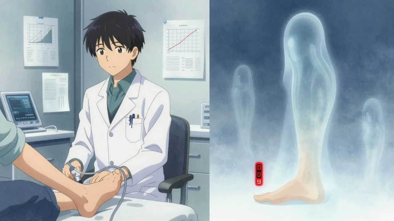 Doctor performing ABI test on ankle, ghostly image of missing foot in background symbolizing risk.