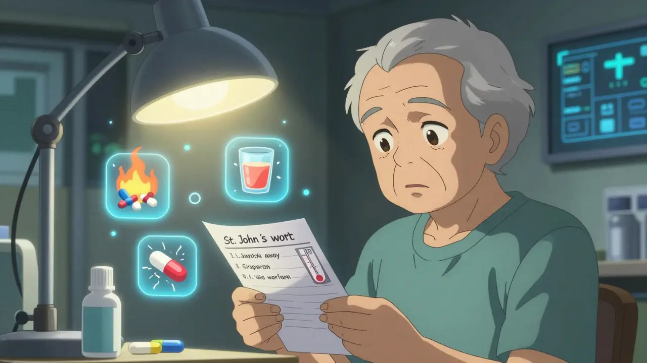 Elderly person holding medication list as dangerous drug interactions float around them in warning icons