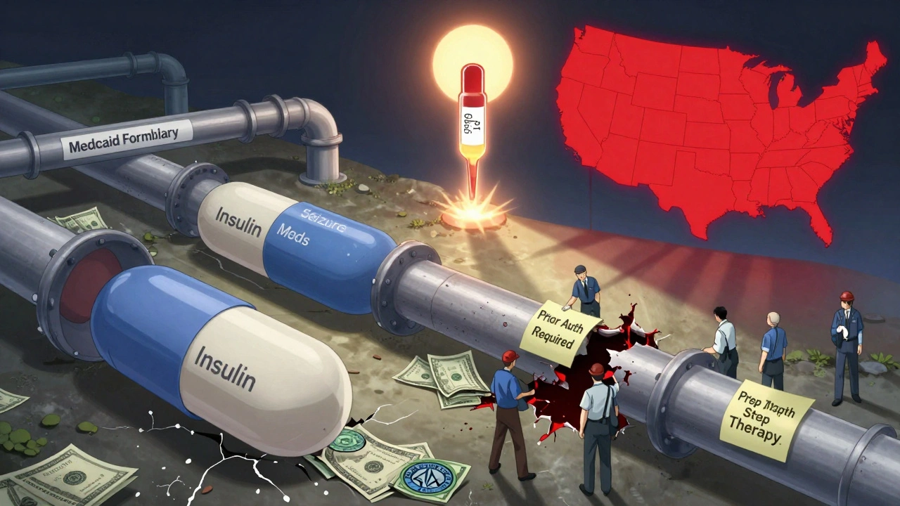 Giant generic pills flowing through a crumbling Medicaid pipeline, with workers patching holes and Ozempic rising like a sun.