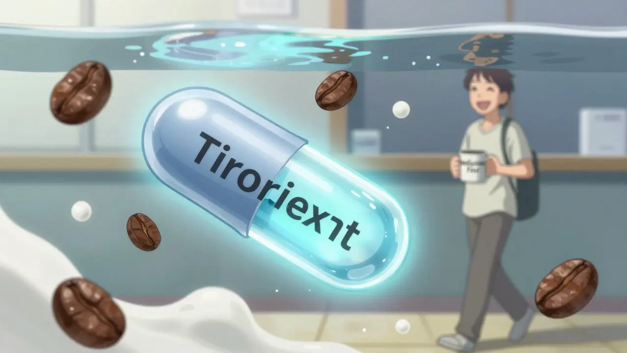 Liquid levothyroxine capsule glowing as it passes through coffee and milk obstacles, patient walking in sunlight.