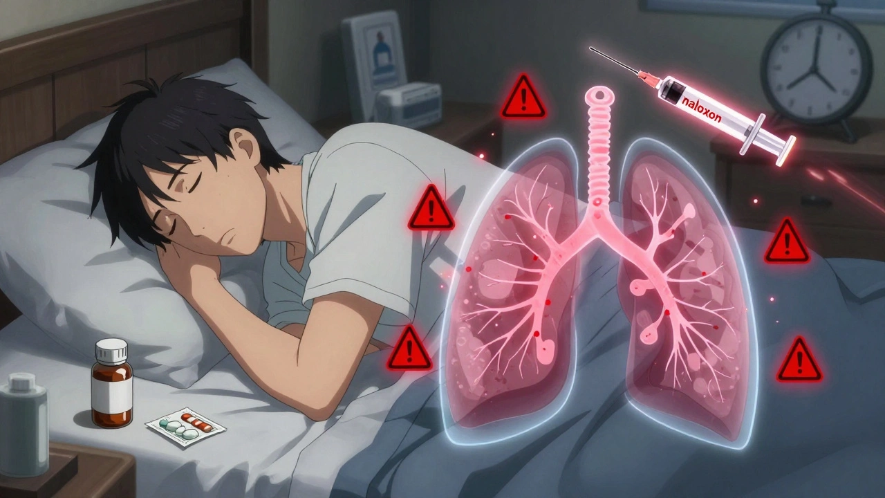 Man asleep with pills and melatonin, transparent respiratory collapse and naloxone syringe hovering nearby.