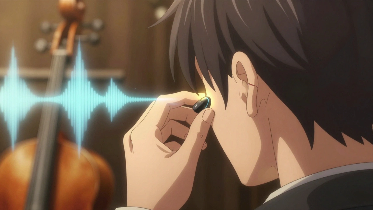 Musician adjusting custom earplugs before performance, sound waves filtering gently around ears.