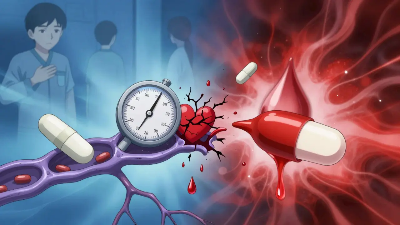 Neural synapse showing two drugs colliding to crash blood pressure, with bleeding heart symbol