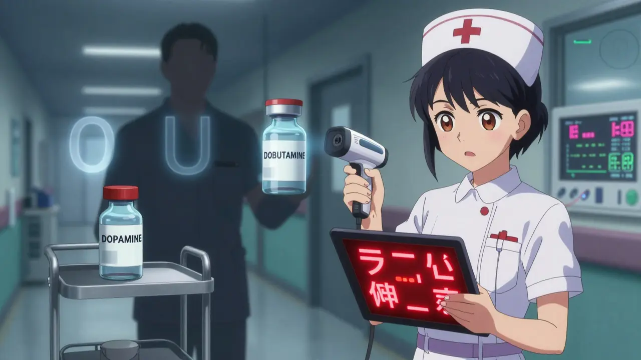 Nurse scanning a drug vial with a red alert flashing on a tablet, another similar vial nearby on a cart.