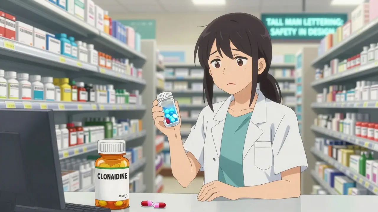 Patient holding a pill bottle beside a similarly named one, with glowing colors representing different drug effects.