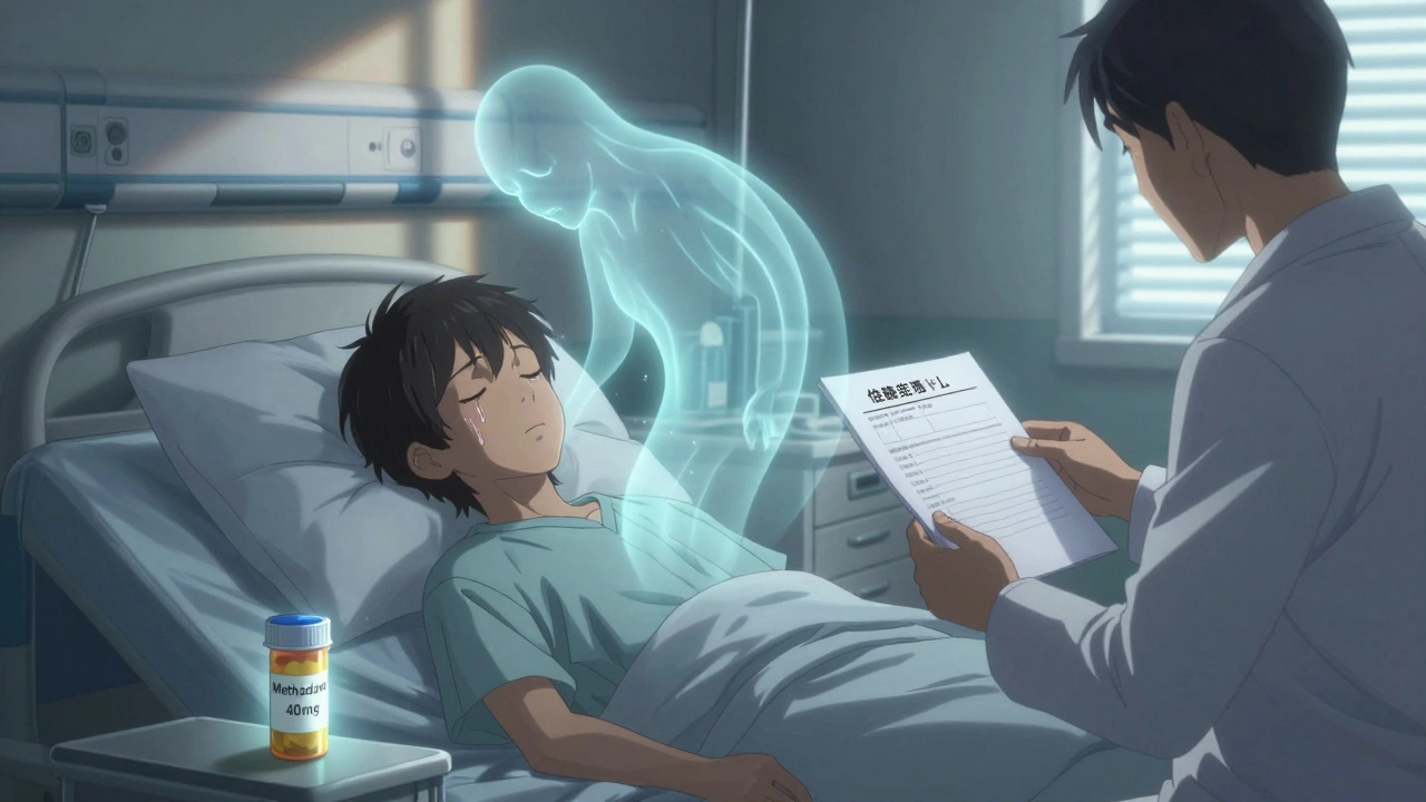 Patient in hospital bed with fading cortisol figure, methadone bottle glowing ominously nearby.