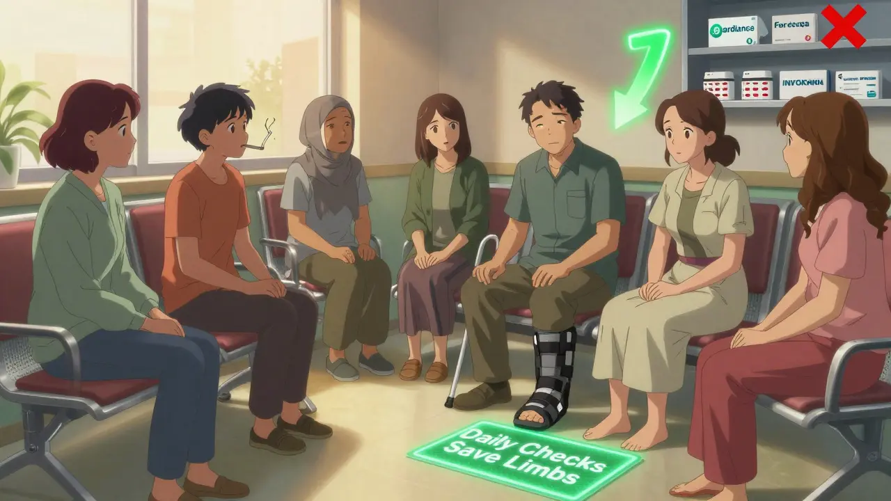 Patients in clinic with risk factors, green arrow pointing to safer diabetes meds, feet stepping on safety mat.