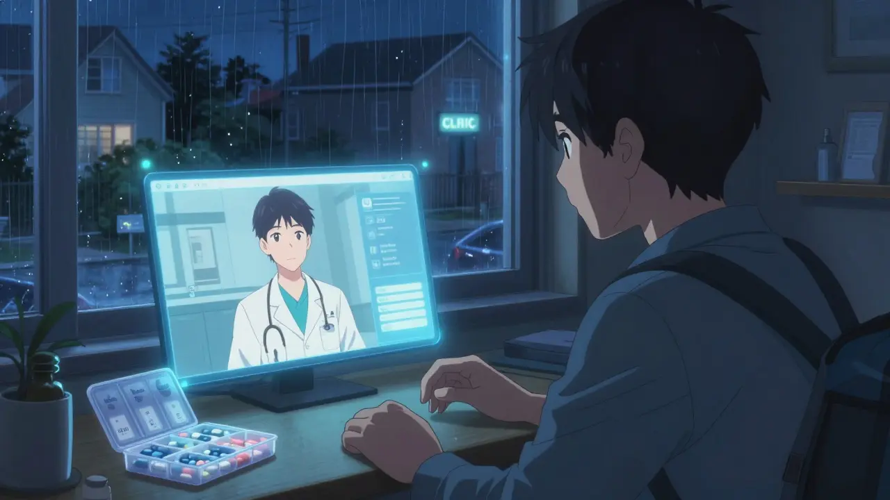 Person on a telehealth call with a clinic doctor, surrounded by daily medications.