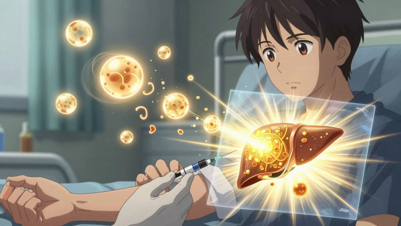 Person receiving PCSK9 injection with molecular particles disabling harmful proteins