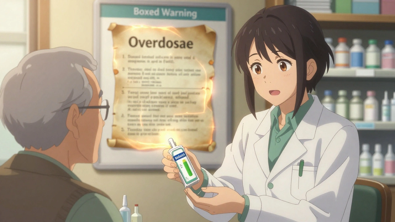 Pharmacist giving naloxone kit to elderly patient, animated medication guide sections glowing on wall behind.