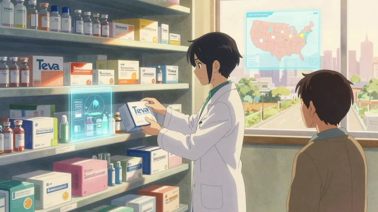 Pharmacist organizing donated medicines in a clinic pharmacy with glowing map display.