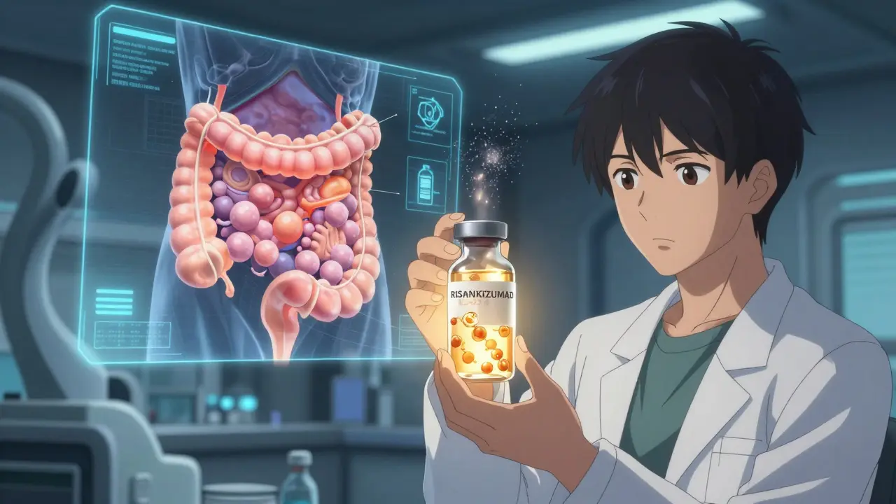 Scientist holding glowing risankizumab vial, holographic gut healing, amber crystals, futuristic lab with neon lighting.