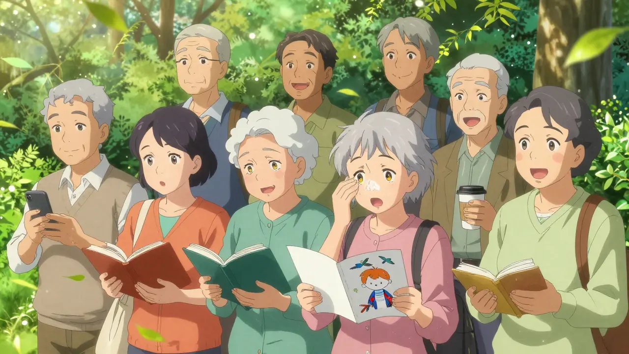 Seniors smiling in a park, eyes glowing with vivid color after cataract surgery.