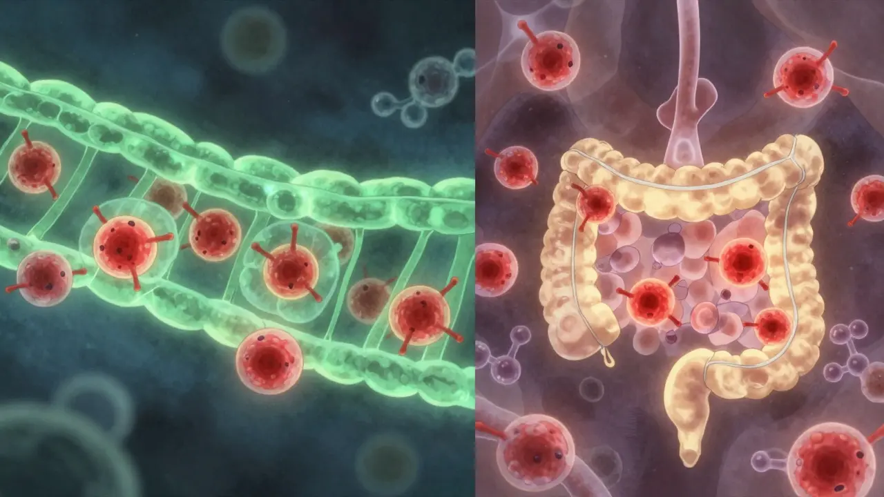 Split illustration: immune cells blocked in gut by green barrier while flowing freely elsewhere, golden gut light, molecular integrins.