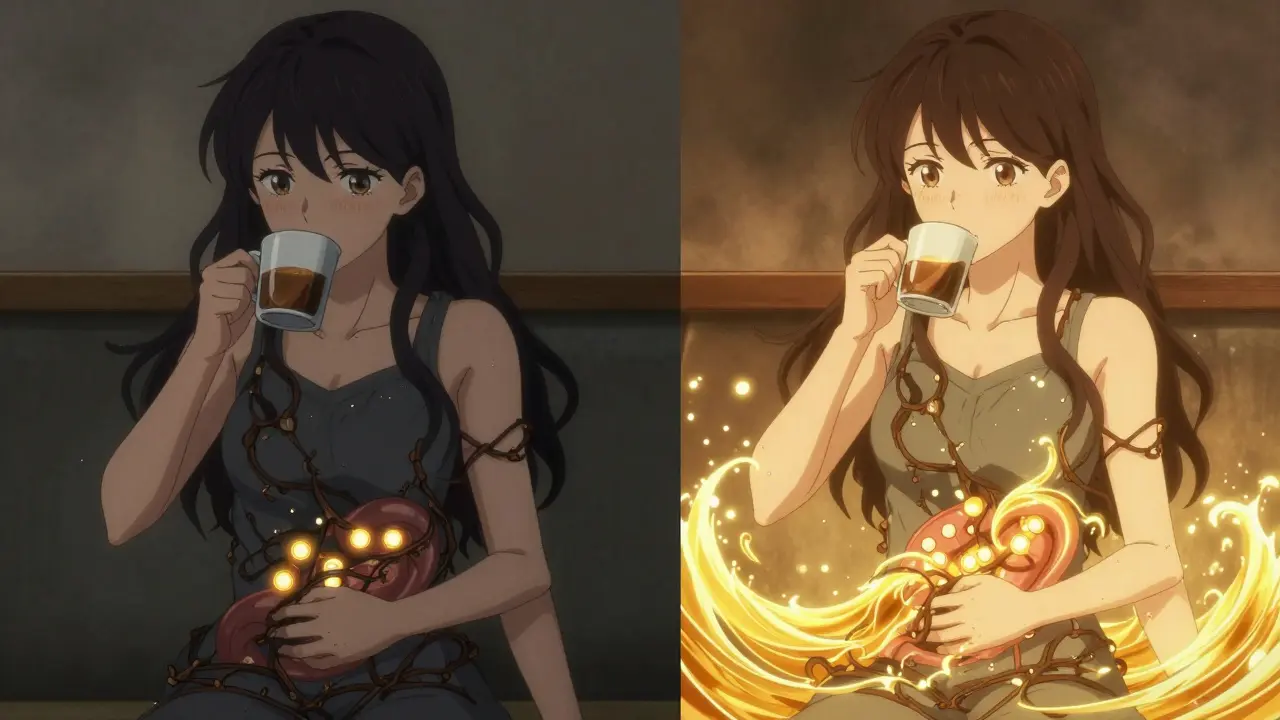 Split scene: blocked thyroid absorption vs. smooth hormone flow, symbolic vines and golden energy.