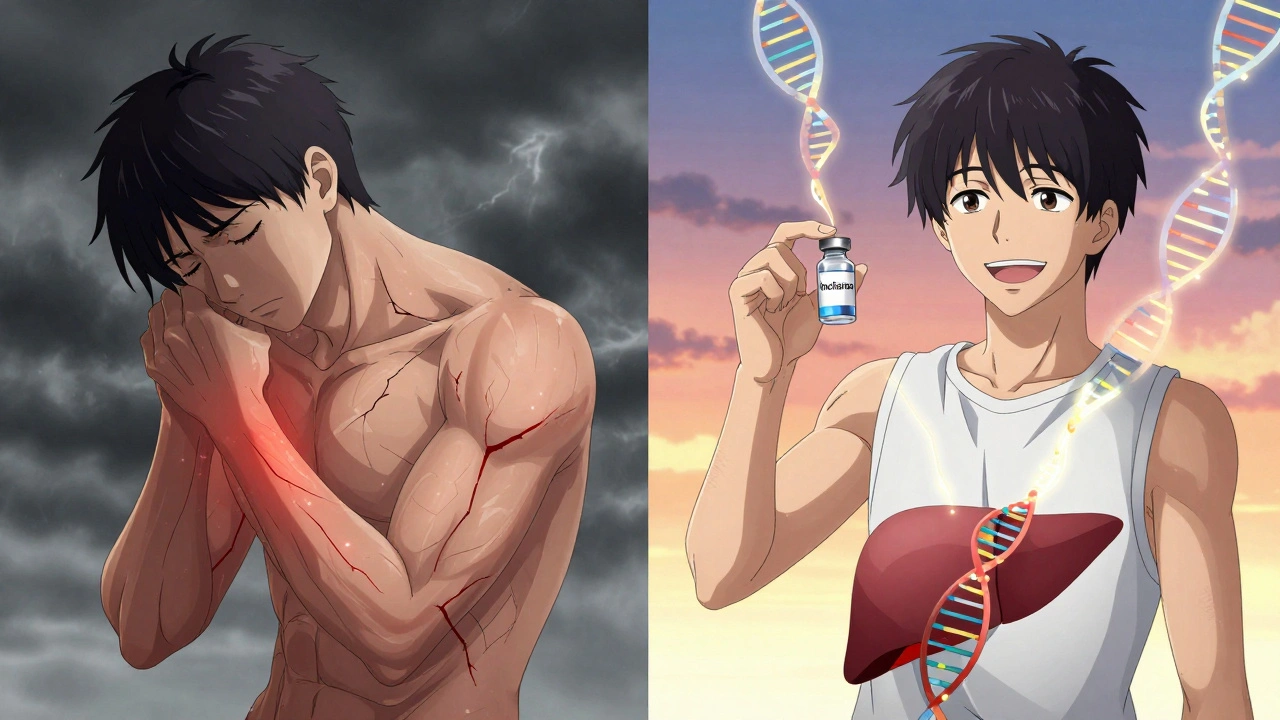 Split scene of statin side effects vs. Inclisiran treatment with glowing RNA strands