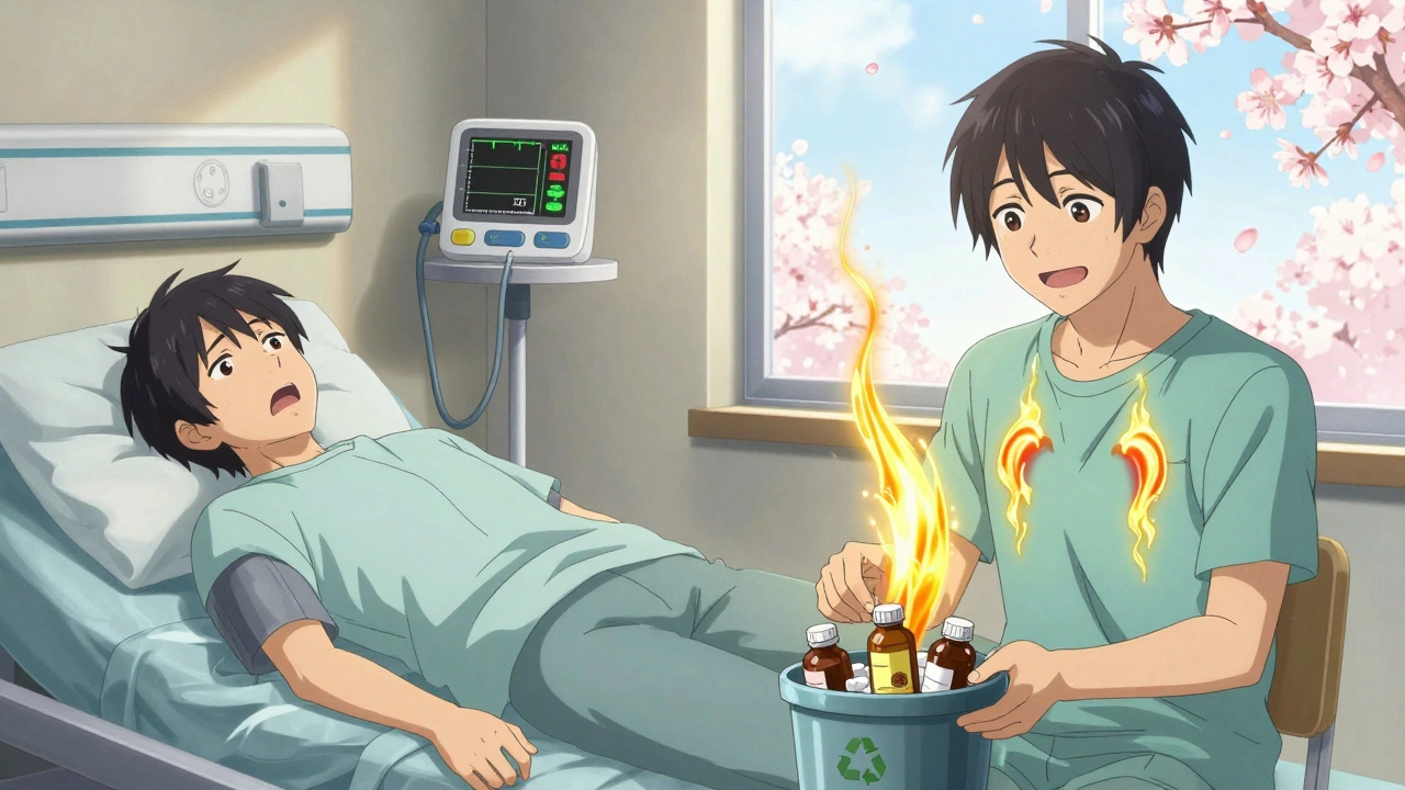 Split scene: patient collapsing in shock vs. recovering with rising cortisol and opioid bottles being discarded.