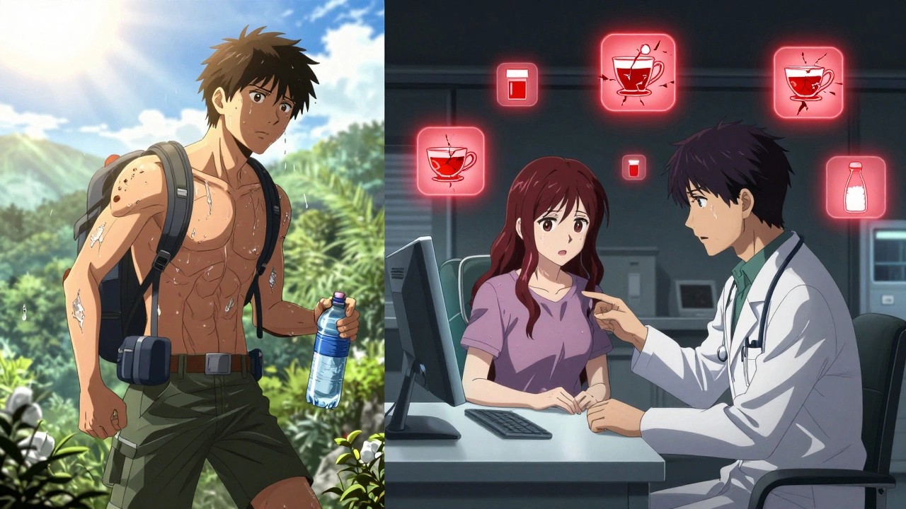 Split scene: person dehydrated on hike with lithium crystals forming, then in clinic with critical blood test.