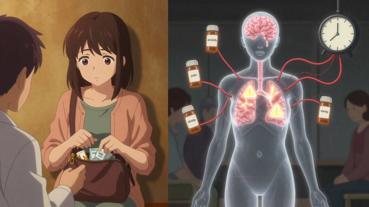 Woman hiding herbal supplements from doctor while her body shows warning symbols from dangerous drug interactions.