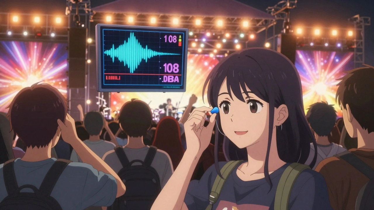 Young woman inserting earplugs at a loud music festival, sound level display floating in air.