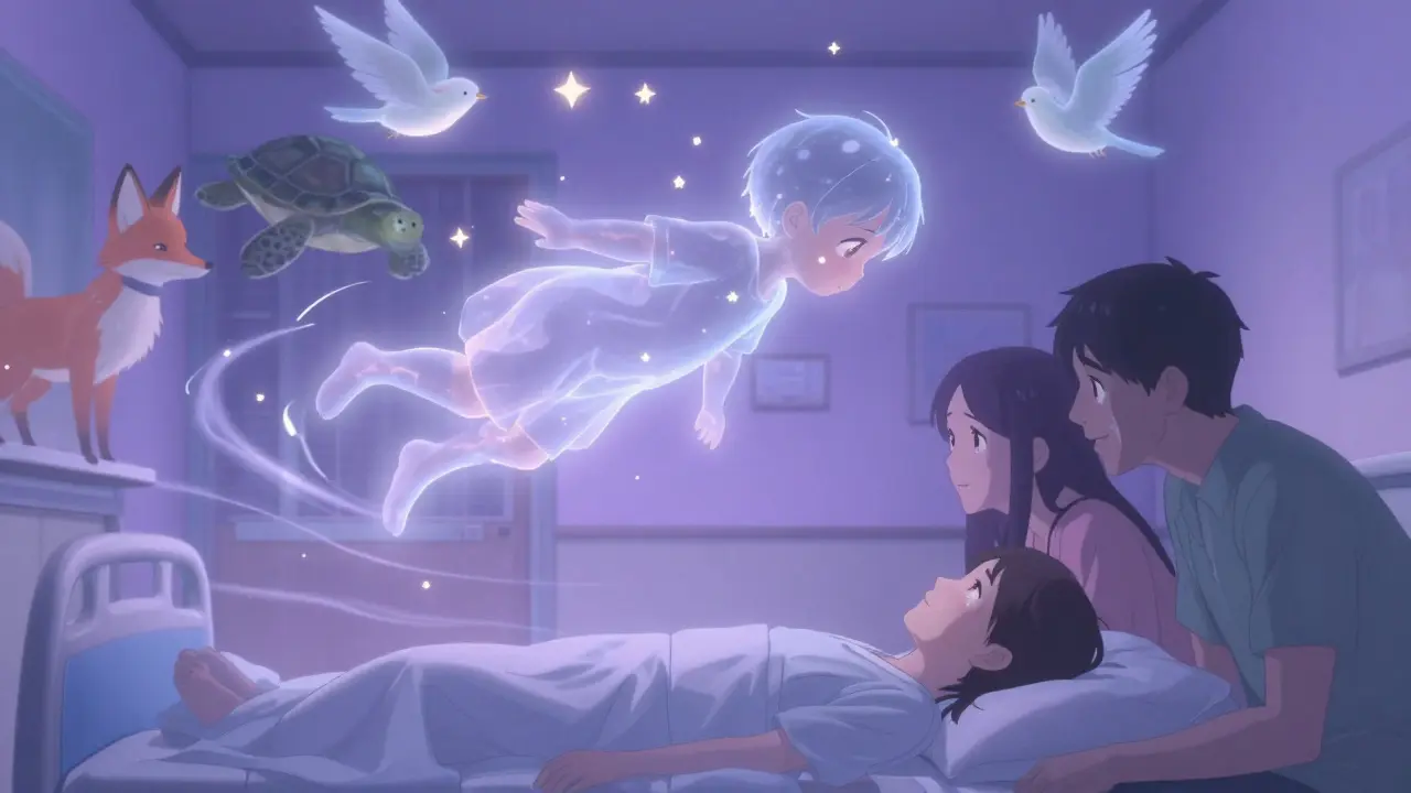 A child floats peacefully in a dreamy state above their hospital bed, surrounded by glowing spirits.