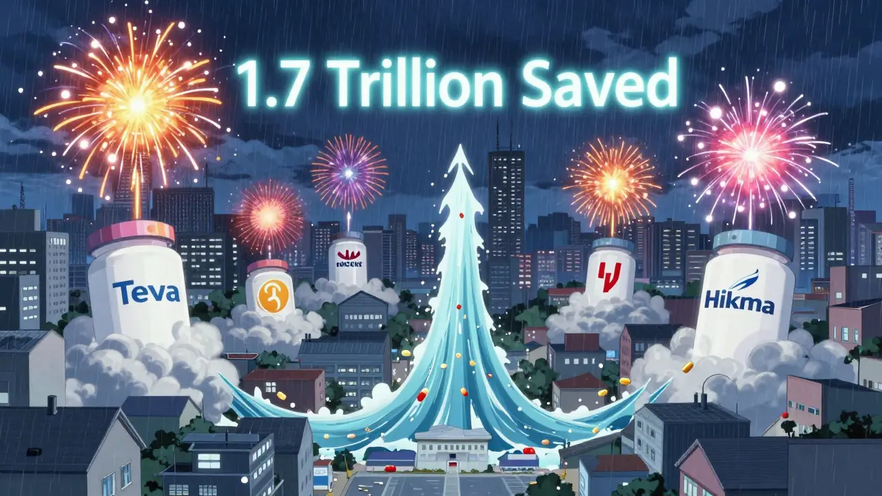 A cityscape pulses with affordable medicine flooding in after patent expirations, symbolizing widespread access.