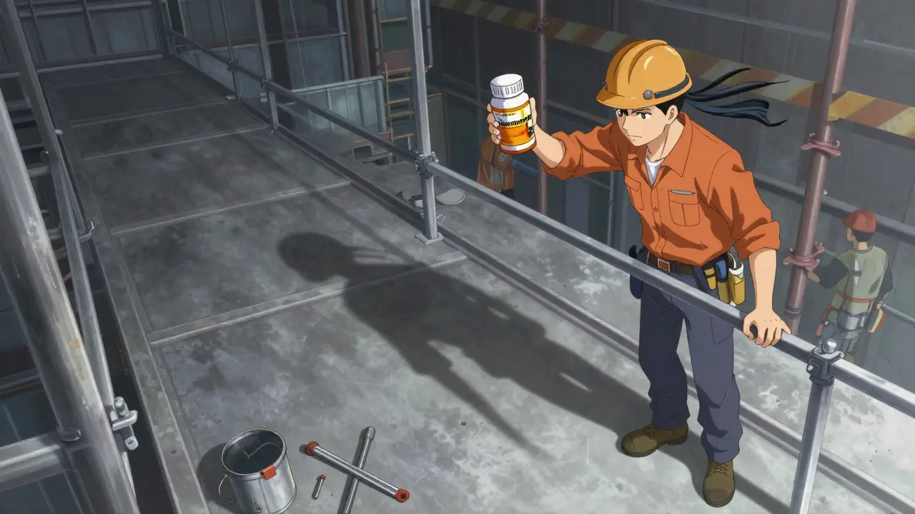 A construction worker on a scaffold, affected by sedating antihistamines, with distorted shadow and scattered tools.