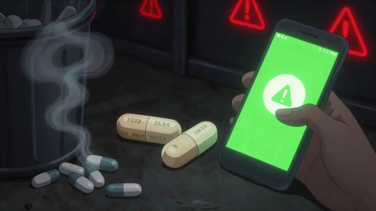 A counterfeit pill next to a real one, with a smartphone scanning its blockchain verification code.