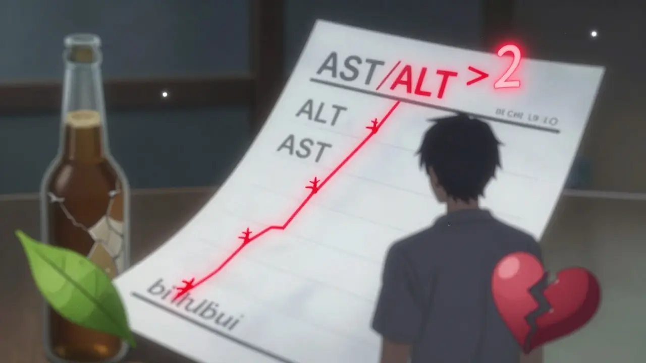A floating blood test report showing AST/ALT ratio glowing red with symbolic icons around it.