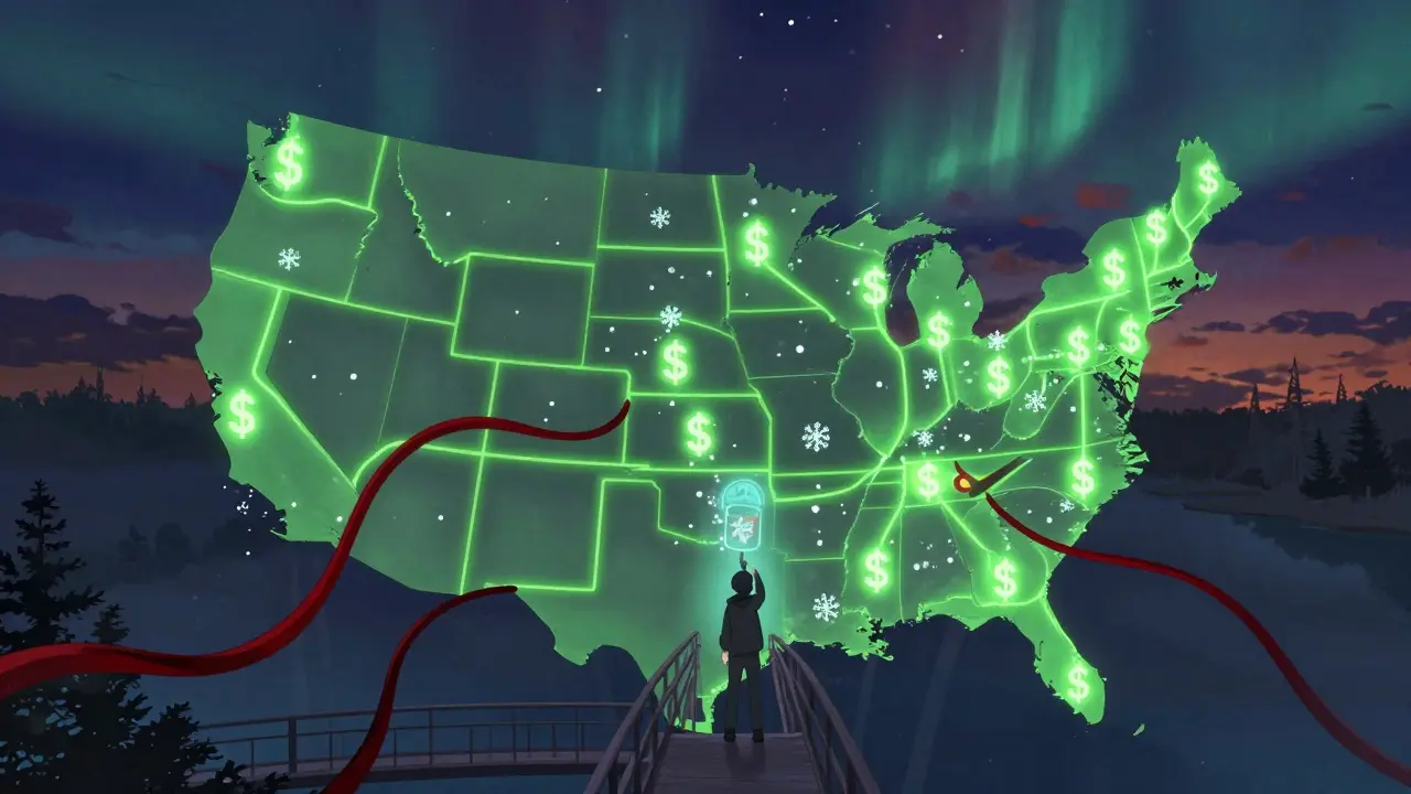 A glowing map showing U.S. state importation routes connected to Canada, with warning shadows from pharmaceutical lobby.