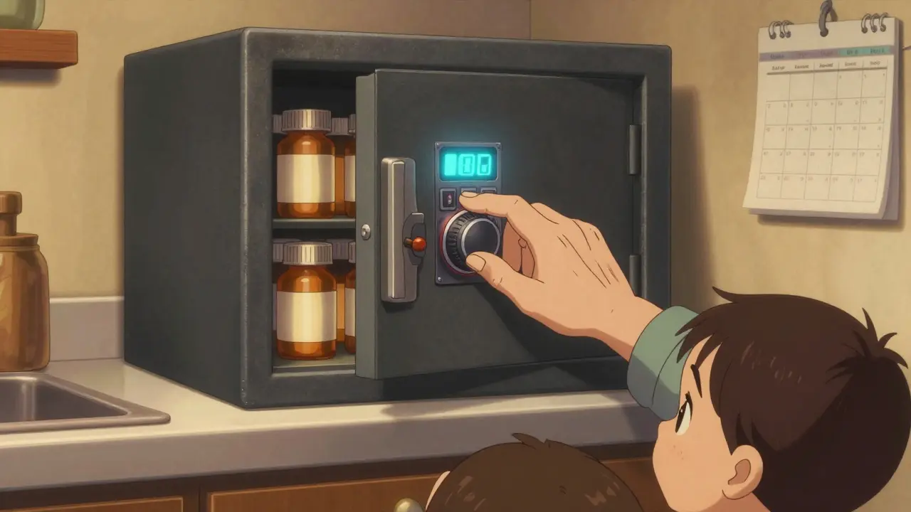 A locked wall safe opened by an elderly person, with toddlers looking up from below in a kitchen.