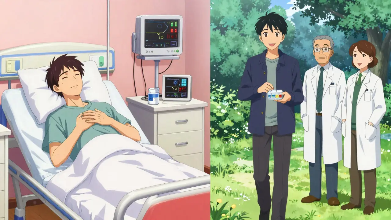 A man in a hospital bed versus the same man walking happily in a park, showing the contrast of unsafe vs. guided deprescribing.