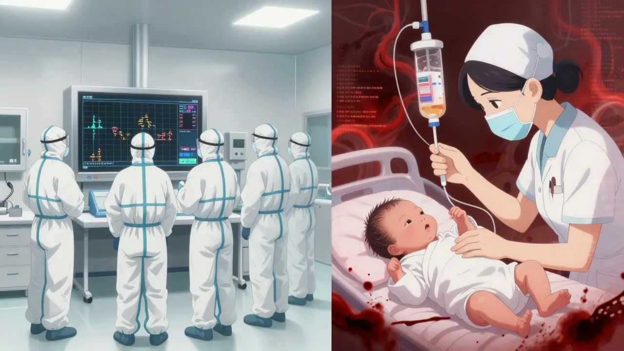 A nurse administers diluted saline to a newborn in NICU while ghostly hurricanes loom in the background.