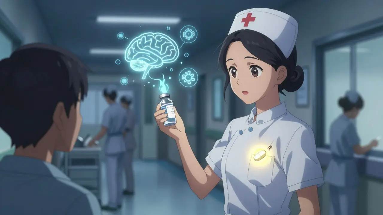 A nurse safely administering medication, with a non-sedating antihistamine pill glowing in her pocket, symbolizing alertness.