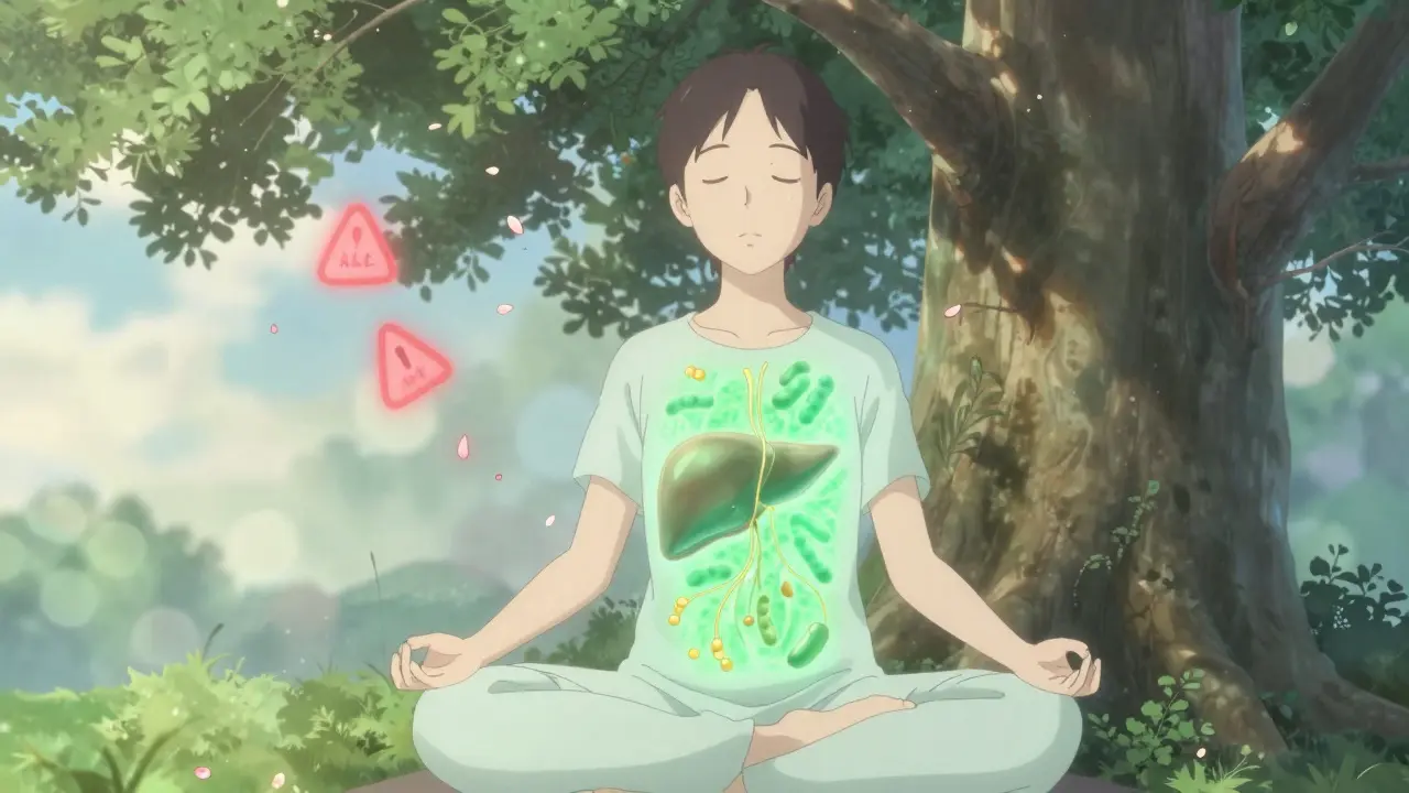 A person meditating with a glowing healing liver visible inside, symbols of damage dissolving into petals.