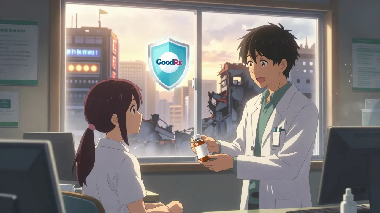 A person receives a real prescription from a pharmacist as safe pharmacy signs glow in the background.