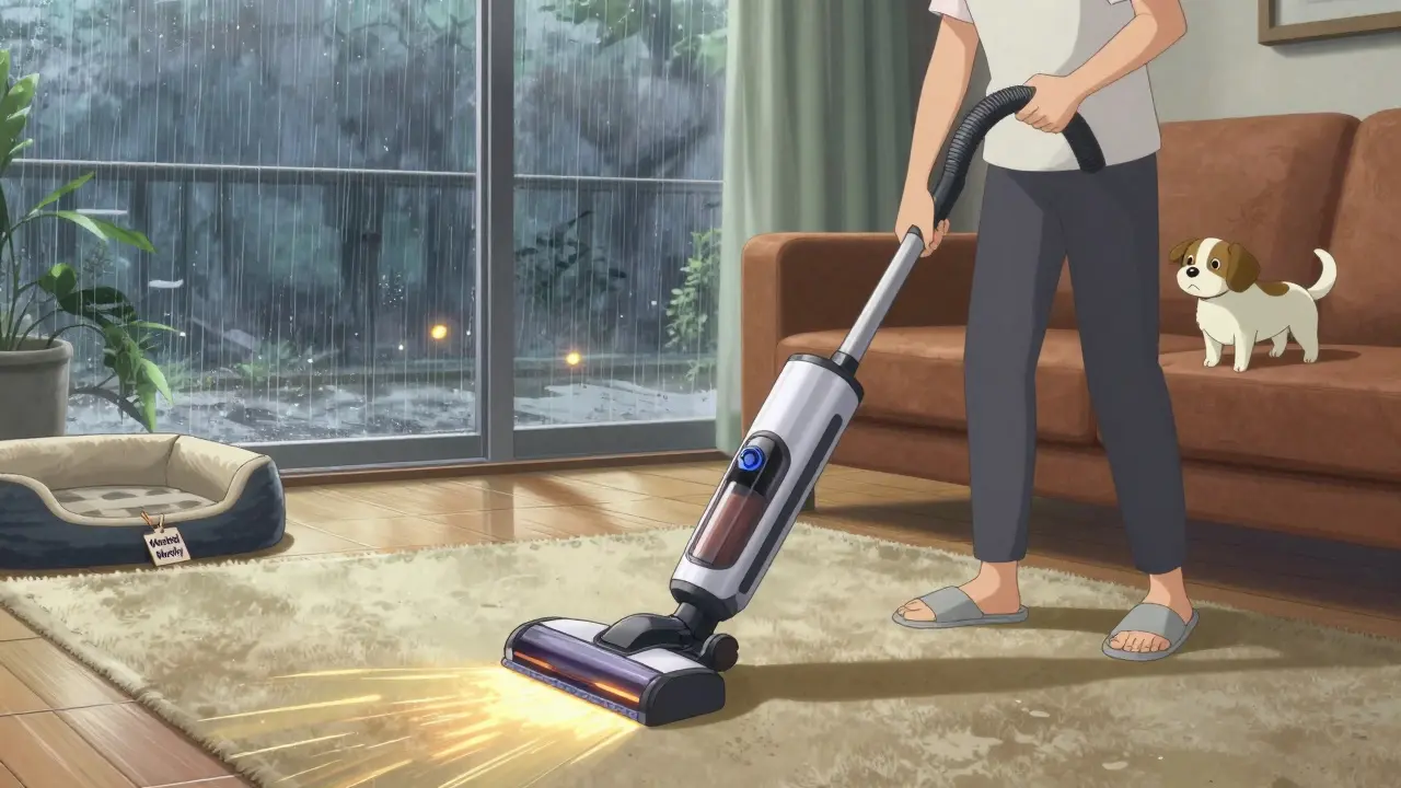 A person vacuuming with a HEPA filter as pet dander is sucked into the machine, hardwood floors visible in the background.
