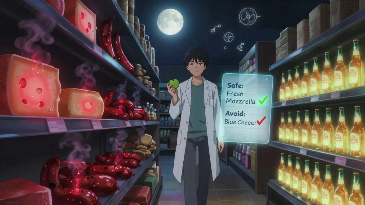 A person walking through a glowing grocery aisle, avoiding dangerous aged foods while holding a safe apple, with floating medical checklist.