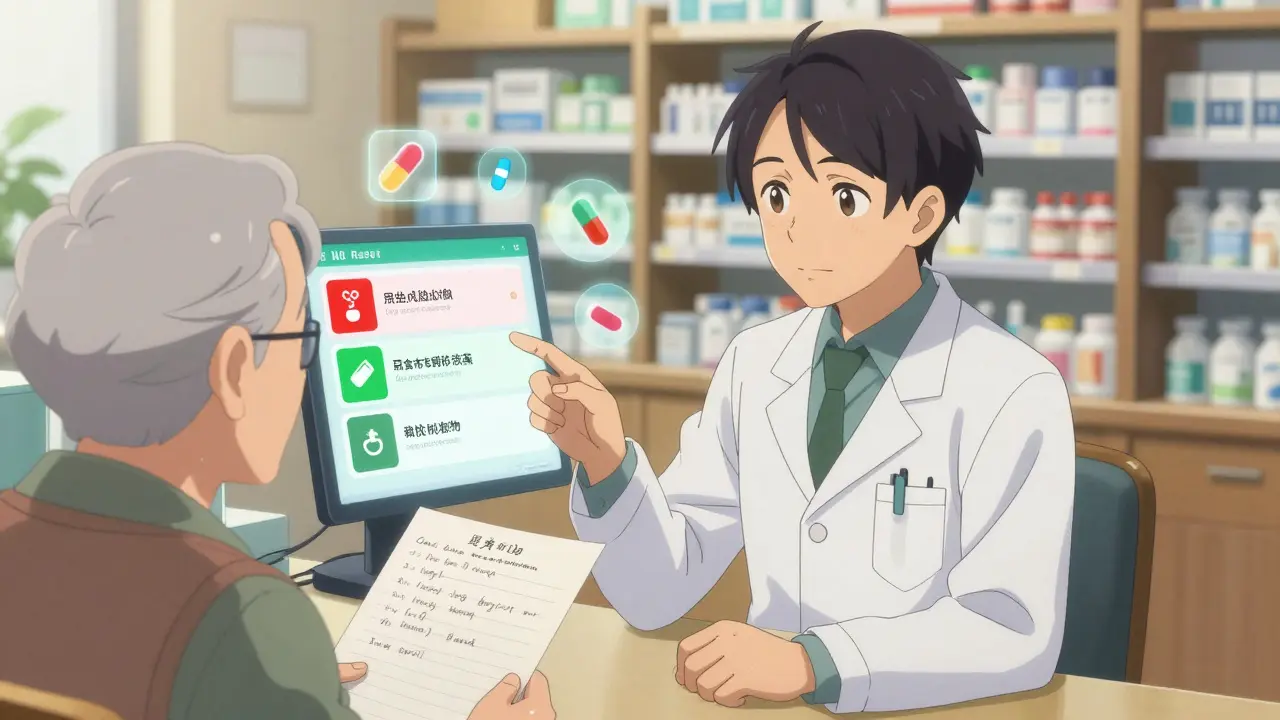 A pharmacist and patient reviewing a digital medication list with floating icons of pills being flagged for removal.