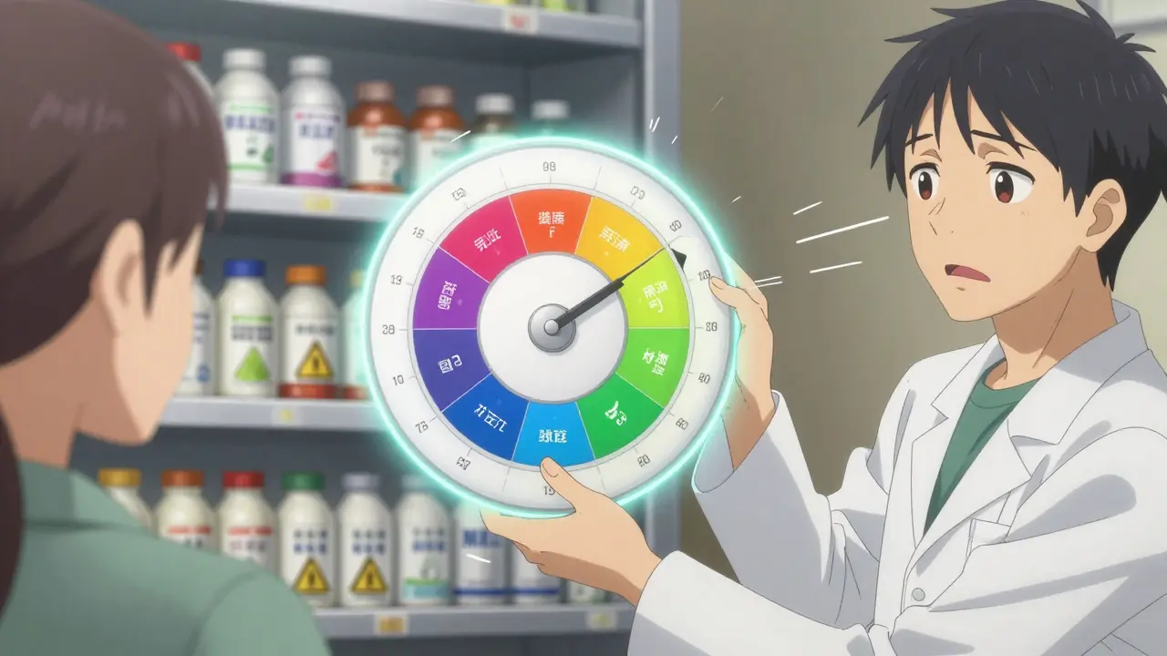 A pharmacist gives a patient a color-coded timing wheel for antibiotic and dairy schedules.