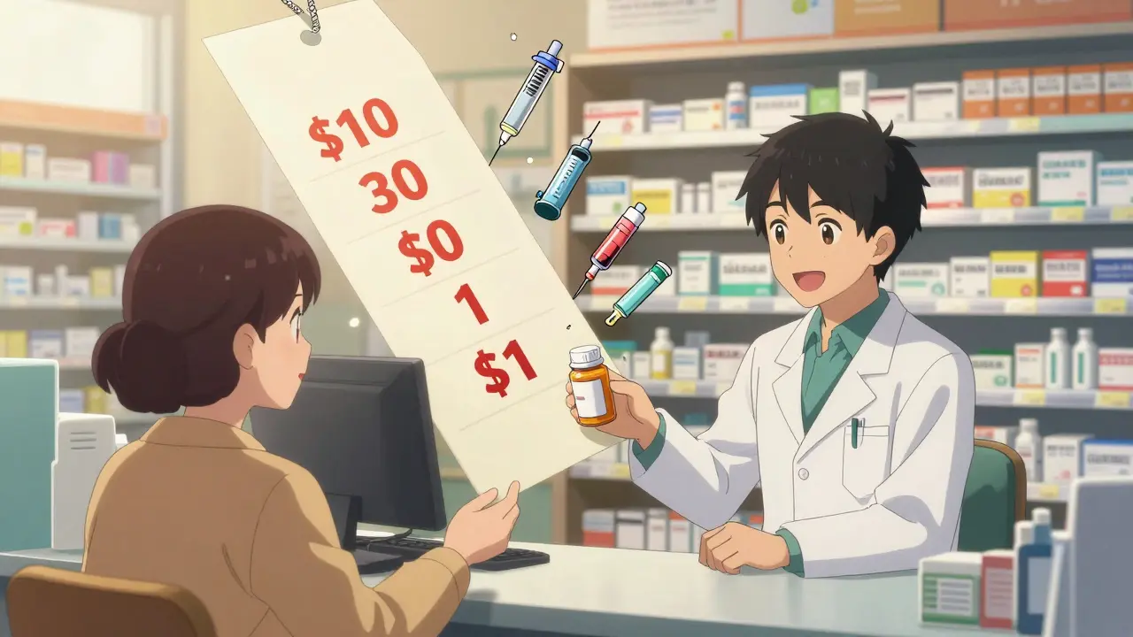 A pharmacist hands a low-cost generic pill to a grateful patient as prices drop dramatically behind them.