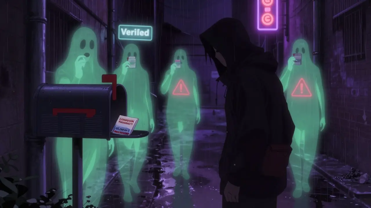 A shadowy figure drops a fake pharmacy package in a mailbox while ghostly victims rise behind them.