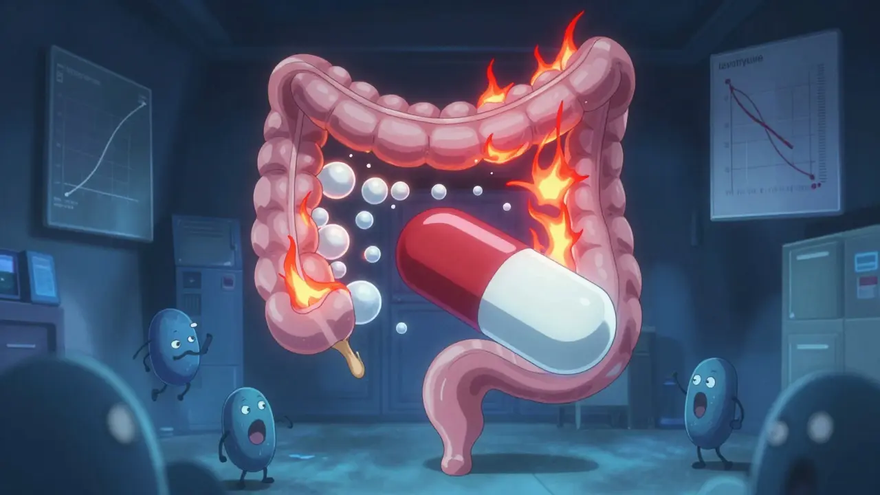 A surreal digestive tract showing a generic pill triggering inflammation while a brand pill dissolves cleanly.